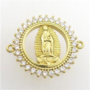 copper circle connector paved zircon with Jesus, religious, gold plated, approx 21mm dia [FDZN9406]