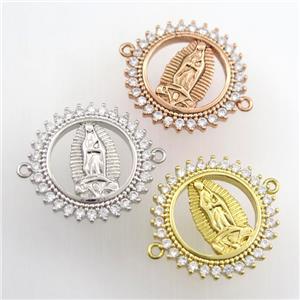 copper circle connector paved zircon with Jesus, mix color, approx 21mm dia [FDZN9407]