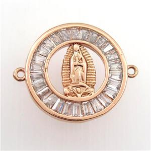 copper circle connector paved zircon with Jesus, rose gold, approx 20mm dia [FDZN9408]