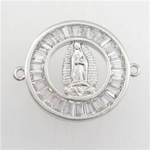 copper circle connector paved zircon with Jesus, religious, platinum plated, approx 20mm dia [FDZN9409]