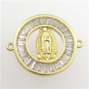 copper circle connector paved zircon with Jesus, gold plated, approx 20mm dia [FDZN9410]