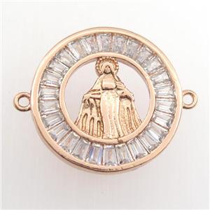 copper circle connector paved zircon with Jesus, rose gold, approx 20mm dia [FDZN9412]
