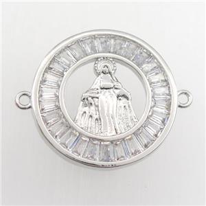 copper circle connector paved zircon with Jesus, platinum plated, approx 20mm dia [FDZN9413]