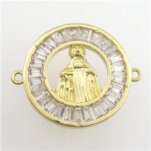 copper circle connector paved zircon with Jesus, gold plated, approx 20mm dia [FDZN9414]