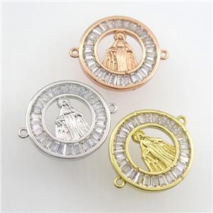 copper circle connector paved zircon with Jesus, religious, mix color, approx 20mm dia [FDZN9415]