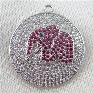 copper pendant paved zircon, elephant, platinum plated, approx 30mm dia [FDZN975]