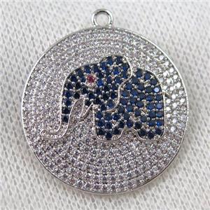 copper pendant paved zircon, elephant, platinum plated, approx 30mm dia [FDZN976]