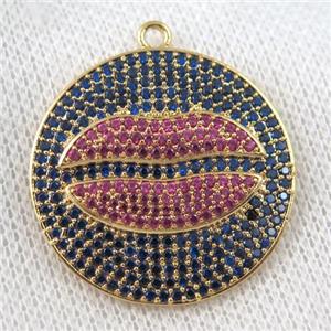 copper pendant paved zircon, lip, gold plated, approx 30mm dia [FDZN980]