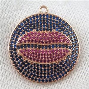 copper pendant paved zircon, lip, rose gold, approx 30mm dia [FDZN981]