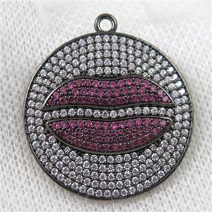 copper pendant paved zircon, lip, black plated, approx 30mm dia [FDZN983]