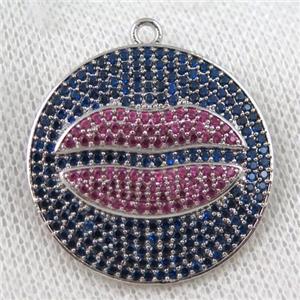 copper pendant paved zircon, lip, platinum plated, approx 30mm dia [FDZN984]
