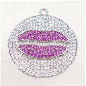copper pendant paved zircon, lip, platinum plated, approx 30mm dia [FDZN985]