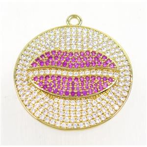copper pendant paved zircon, lip, gold plated, approx 30mm dia [FDZN987]