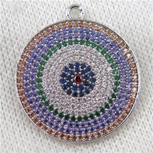 copper circle pendant paved zircon, sun, platinum plated, approx 30mm dia [FDZN991]