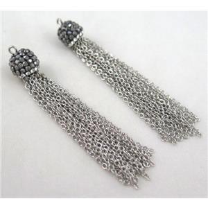 handmade tassel pendant paved rhinestone, platinum iron chain, approx 10mm dia, 60mm length [FGPD60]