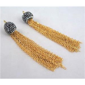 handmade tassel pendant paved rhinestone, gold iron chain, approx 10mm dia, 60mm length [FGPD62]