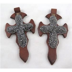 leather pendant paved rhinestone, cross, approx 45-90mm [FGPD69]