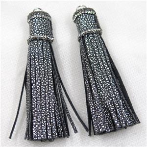 black PU leather tassel pave rhinestone, approx 16mm, 90mm length [FGPDA205]