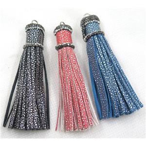 PU leather tassel pave rhinestone, mix color, approx 16mm, 90mm length [FGPDA206]