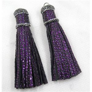 purple PU leather tassel pave rhinestone, approx 16mm, 90mm length [FGPDA208]