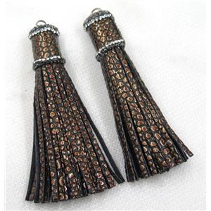 coffee PU leather tassel pave rhinestone, approx 16mm, 90mm length [FGPDA209]