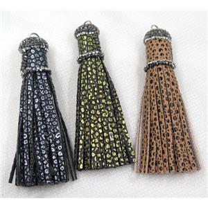 PU leather tassel pave rhinestone, mix color, approx 16mm, 90mm length [FGPDA212]