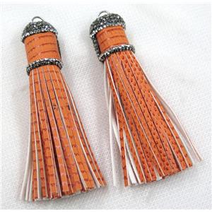 orange PU leather tassel pave rhinestone, approx 16mm, 90mm length [FGPDA213]