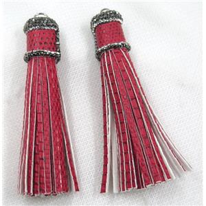 red PU leather tassel pave rhinestone, approx 16mm, 90mm length [FGPDA214]