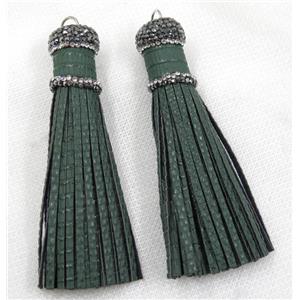 darkgreen PU leather tassel pave rhinestone, approx 16mm, 90mm length [FGPDA215]