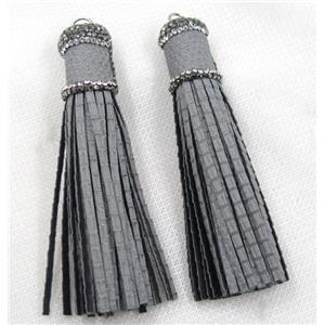 gray PU leather tassel pave rhinestone, approx 16mm, 90mm length [FGPDA218]