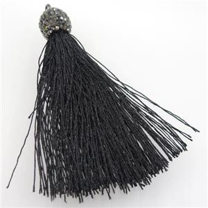 black nylon cord tassel pave rhinestone, approx 12mm, 80mm length [FGPDA237]