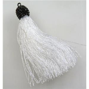 white nylon tassel pave rhinestone, approx 12mm, 80mm length [FGPDA238]