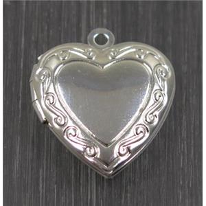 Brass heart Locket pendant, photo frame box, silver plated, approx 20mm dia [FGPDA272]