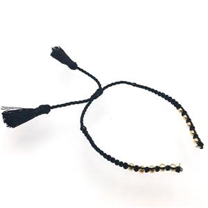 black nylon wire bracelet chain with tassel, gold plated beads, approx 5mm, 15cm length [FGPDA485]
