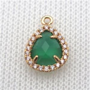 copper teardrop pendant pave zircon with green crystal glass, gold plated, approx 10-12mm [FN10049]