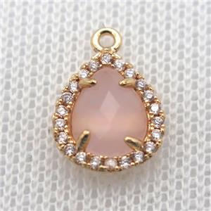 copper teardrop pendant pave zircon with pink crystal glass, gold plated, approx 10-12mm [FN10054]