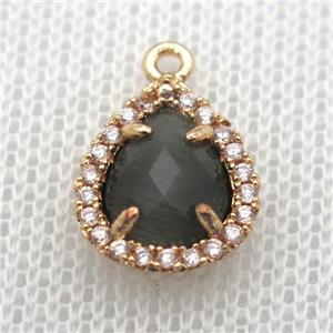 copper teardrop pendant pave zircon with grey crystal glass, gold plated, approx 10-12mm [FN10055]