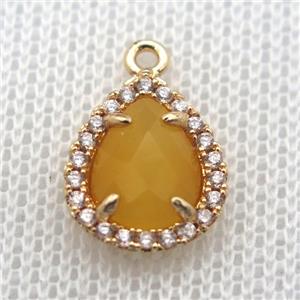 copper teardrop pendant pave zircon with yellow crystal glass, gold plated, approx 10-12mm [FN10057]
