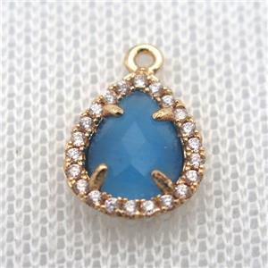 copper teardrop pendant pave zircon with blue crystal glass, gold plated, approx 10-12mm [FN10058]