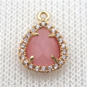 copper teardrop pendant pave zircon with pink crystal glass, gold plated, approx 10-12mm [FN10059]