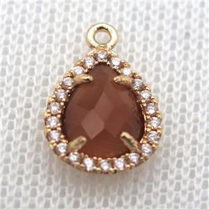 copper teardrop pendant pave zircon with amber crystal glass, gold plated, approx 10-12mm [FN10061]