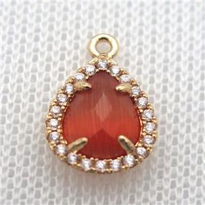 copper teardrop pendant pave zircon with red crystal glass, gold plated, approx 10-12mm [FN10062]