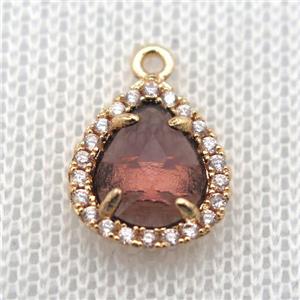 copper teardrop pendant pave zircon with crystal glass, gold plated, approx 10-12mm [FN10063]