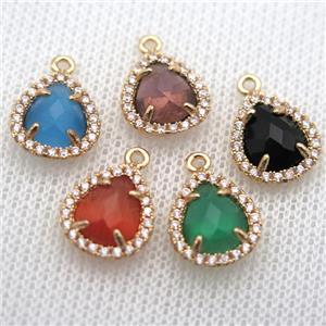 copper teardrop pendant pave zircon with crystal glass, mixed, gold plated, approx 10-12mm [FN10064]