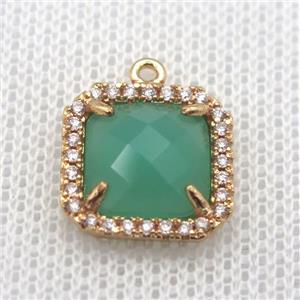 copper square pendant pave zircon with green crystal glass, gold plated, approx 14x14mm [FN10065]