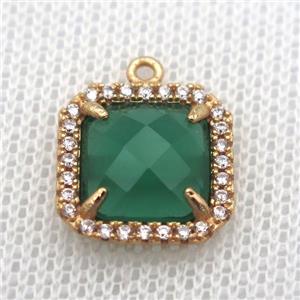 copper square pendant pave zircon with green crystal glass, gold plated, approx 14x14mm [FN10066]