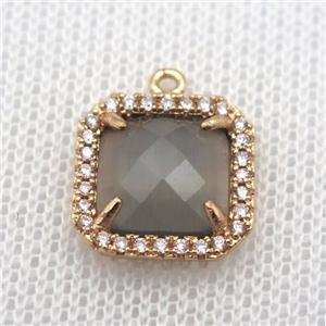 copper square pendant pave zircon with gray crystal glass, gold plated, approx 14x14mm [FN10067]