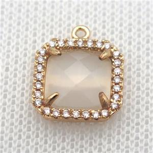copper square pendant pave zircon with white crystal glass, gold plated, approx 14x14mm [FN10069]