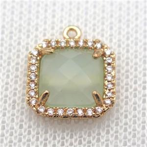copper square pendant pave zircon with lt.green crystal glass, gold plated, approx 14x14mm [FN10070]