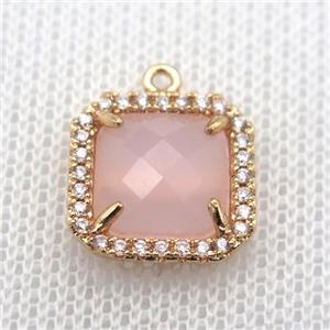 copper square pendant pave zircon with lt.pink crystal glass, gold plated, approx 14x14mm [FN10071]